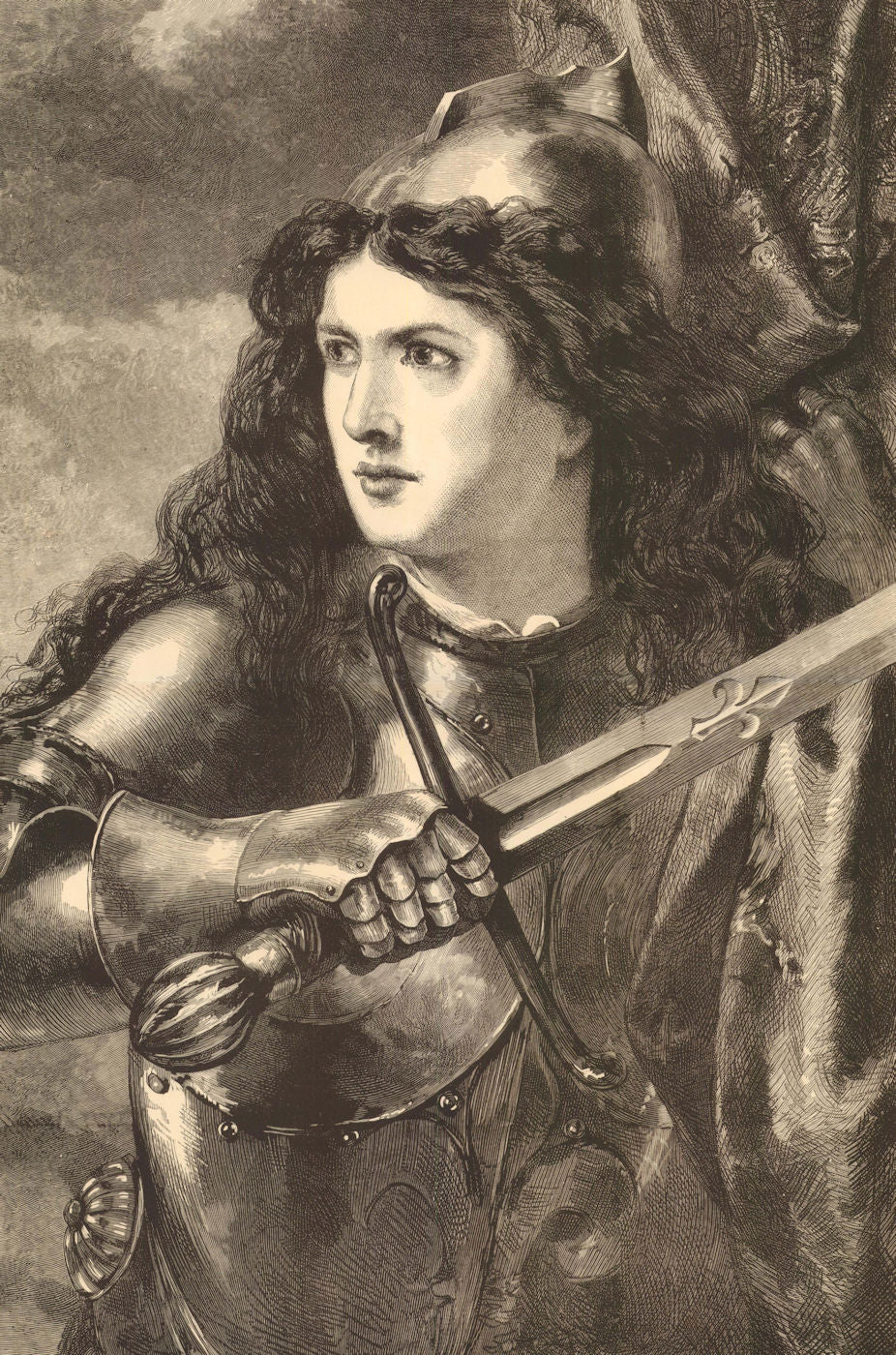 Joan of Arc, by Sir John Gilbert. France. Armour. Sword 1876 old antique print